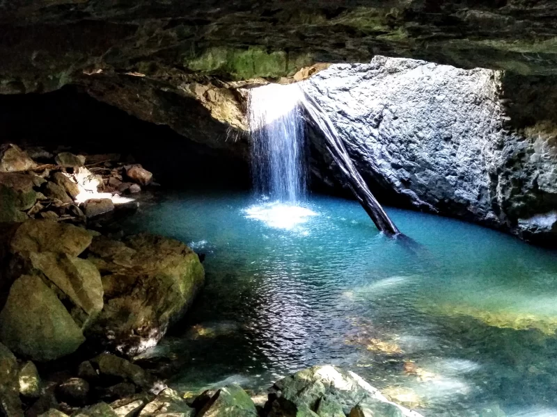 Water falling through a rocky cavern in Springbrook QLD