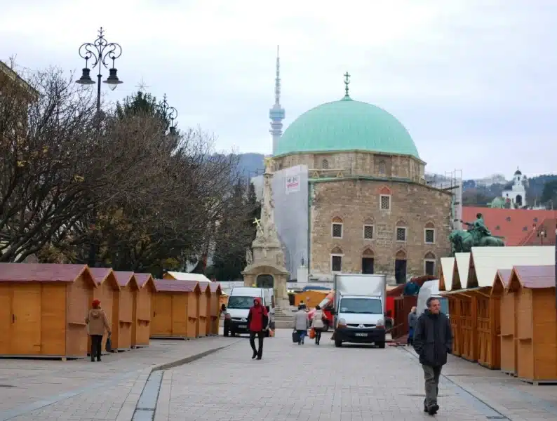 The Christmas Markets in Pecs Hungary being set up for the festive season