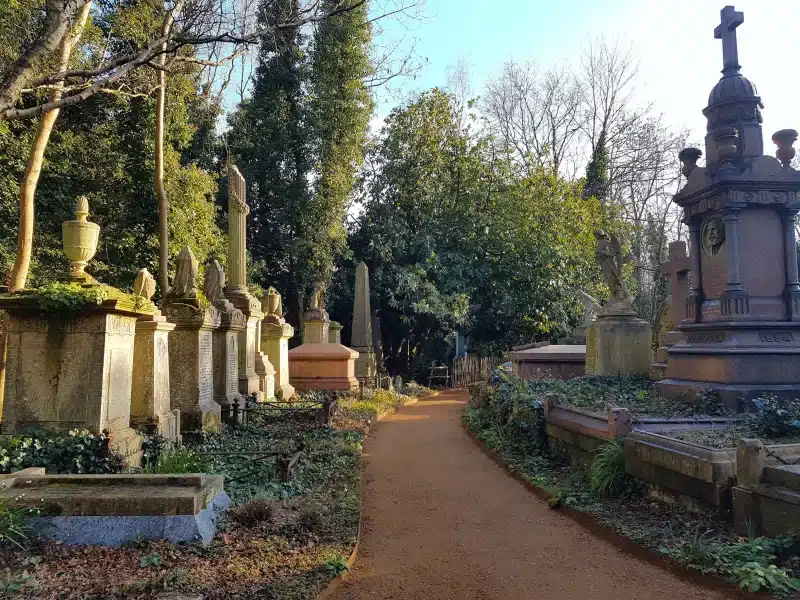 Path running next to gravestones lit up by sunlight in Highgate Cemetery in London