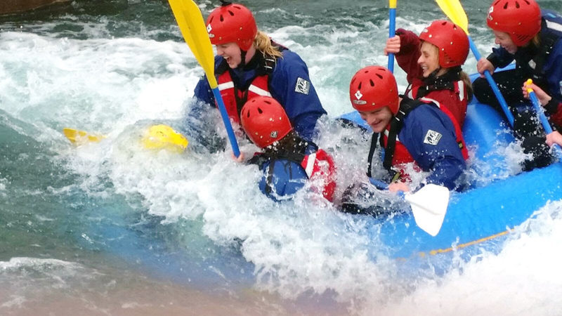 Whitewater rafting at the Traverse conference. Tackling these rapids is one of many things to do during a weekend break in Cardiff. 