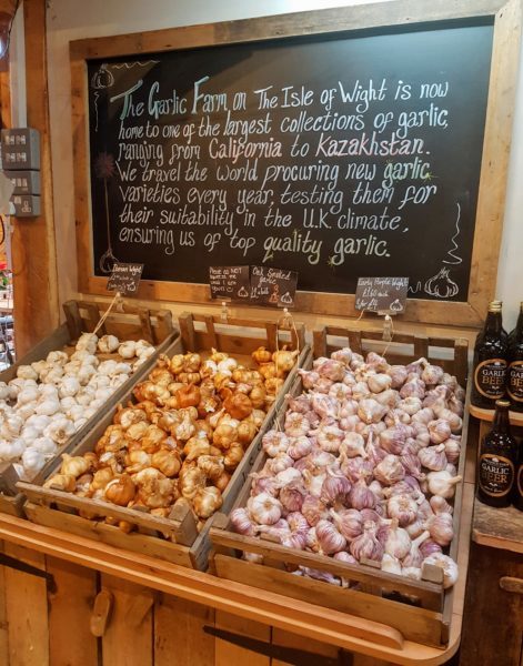Garlic display in the gift shop in The Garlic Farm