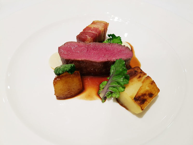 Forelles Restaurant Loin of Scottish Venison, Parsnip, Smoked Bacon, Pear and Dark Chocolate Sauce