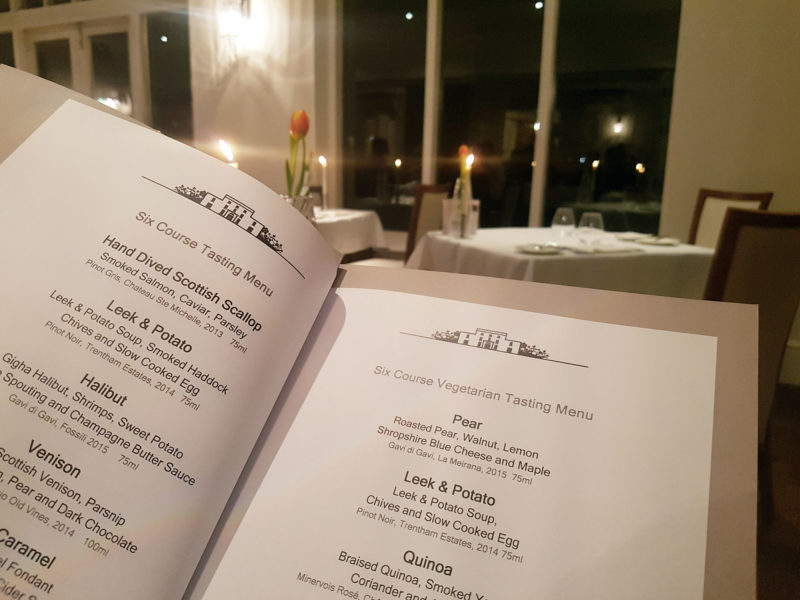 The menu at Forelles restaurant, Fishmore Hall