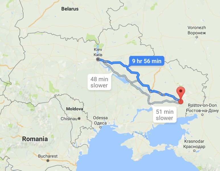 Google map showing distance from Kyiv to Donbass Region