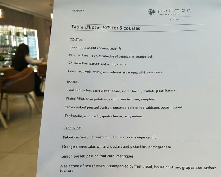 Table d'hôte menu at Pullman Liverpool 