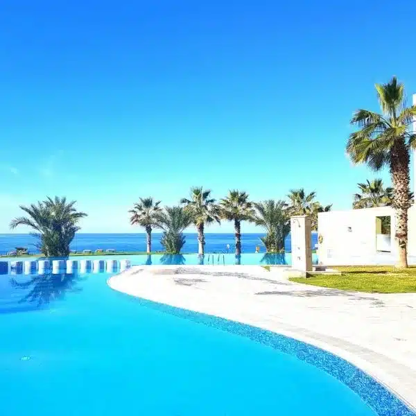 pool and views of the Mediterranean Sea from a resort in Paphos, Cyprus