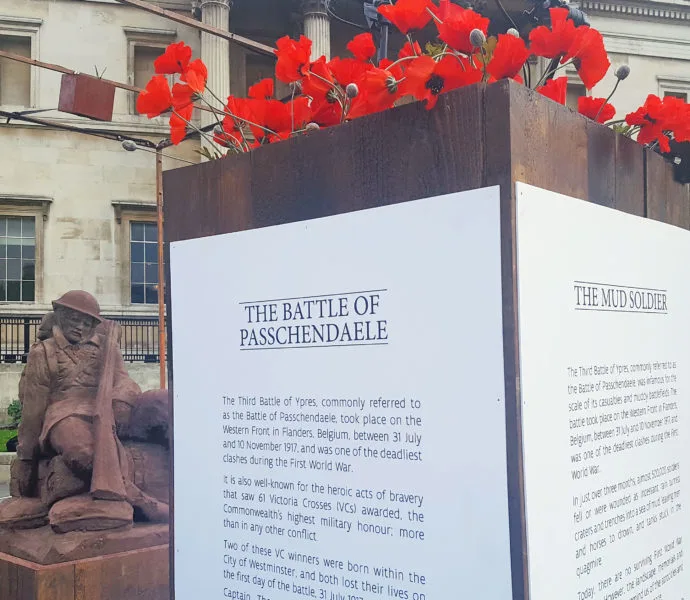 Information panels and the mud soldier sculpture to commentate the centenary of the battle of Passchendaele.