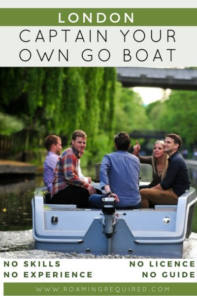 People on a Go Boat enjoying the canals in London. Pinterest Pin