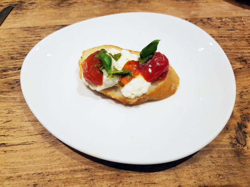Burrata bruschetta from the savoury plate of Pimlico Pantry's Cheese Afternoon Tea 