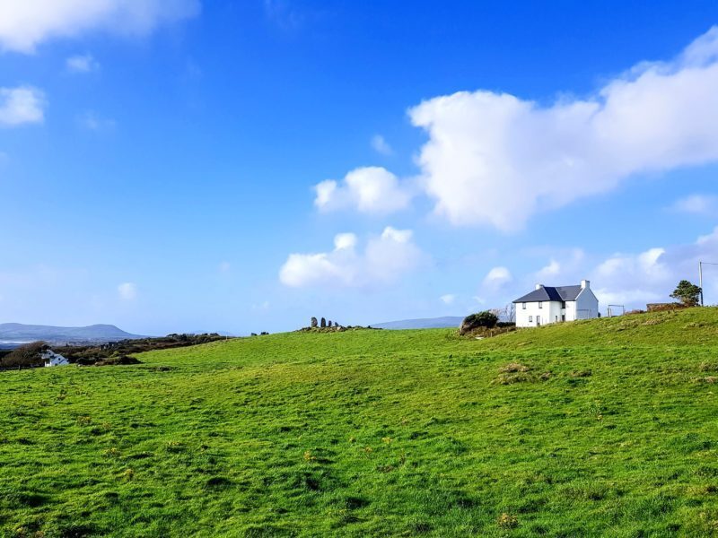 Landscape view of a white house in the middle of a green field