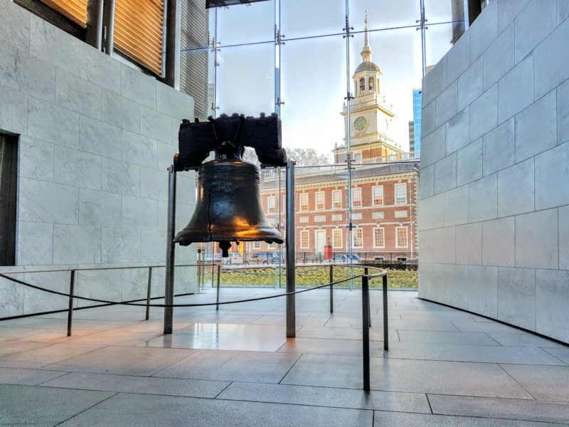 Liberty Bell against backdrop of Independence Hall