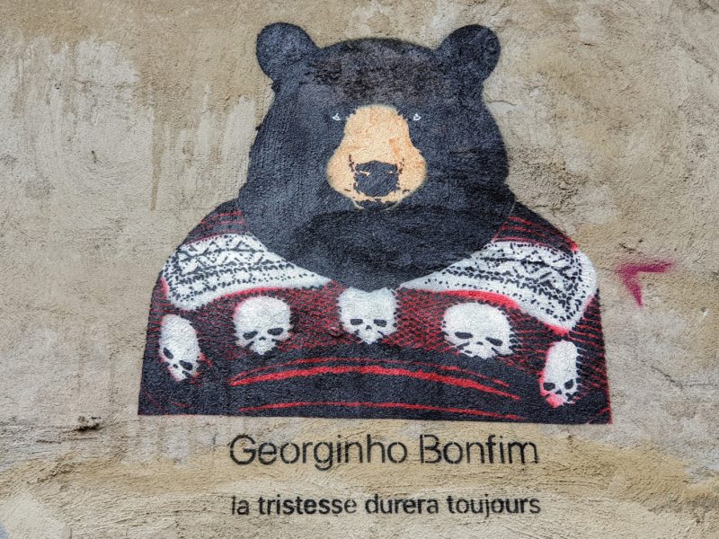 Street art of bear wearing a jumper with skulls on it