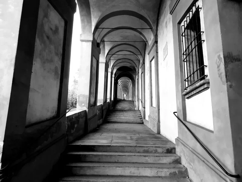 Black and white photo of San Luca Monastery Porticoes