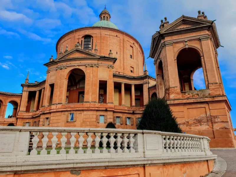 Exterior view of San Luca Monastery taken from garden bench