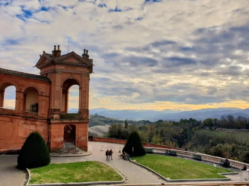 View of San Luca Bologna with afternoon sky and clouds in the background
