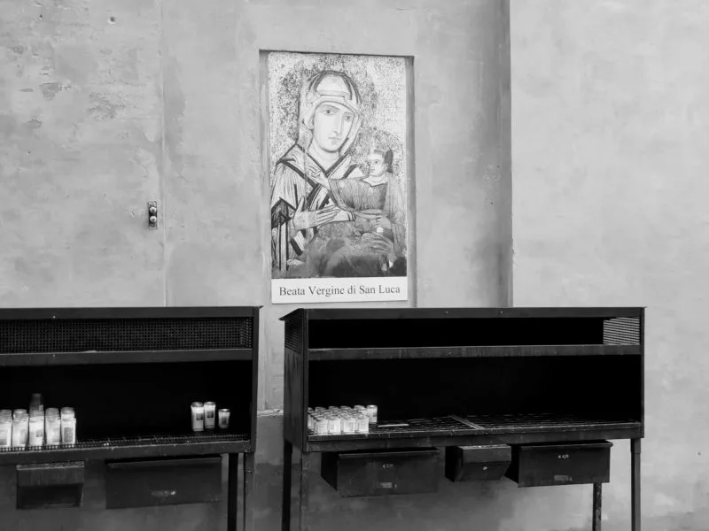 Black and white photo of the outside altar at San Luca Monastery in Bologna