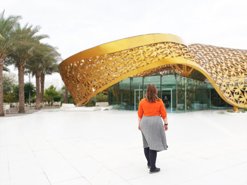 Midi skirt at a museum in Sharjah. The Midi Skirt is perfect for travel and it's also flexible and versatile for many other occasions as well.