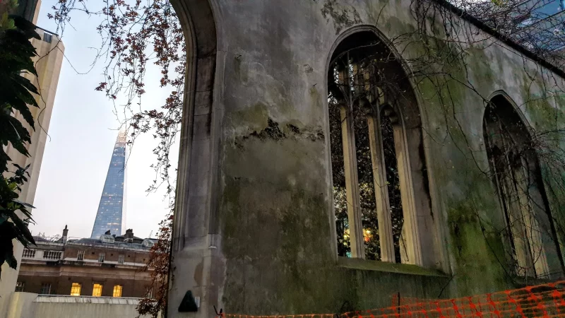 St Dunstan in the East with Shard in background