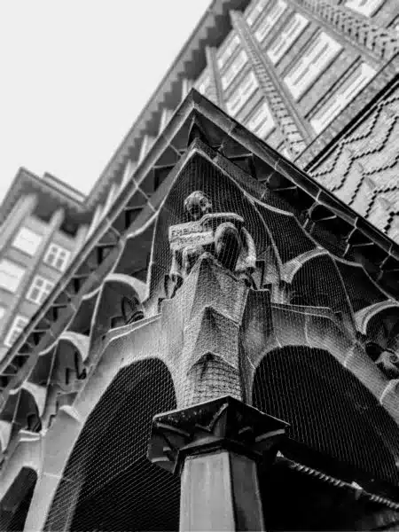 A black and white close up of one of the corners of the architectural feat, Chilehaus