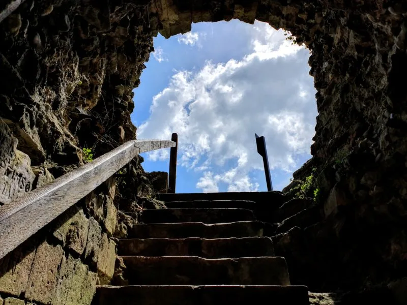 Ascending the stairs at Pevensey Castle