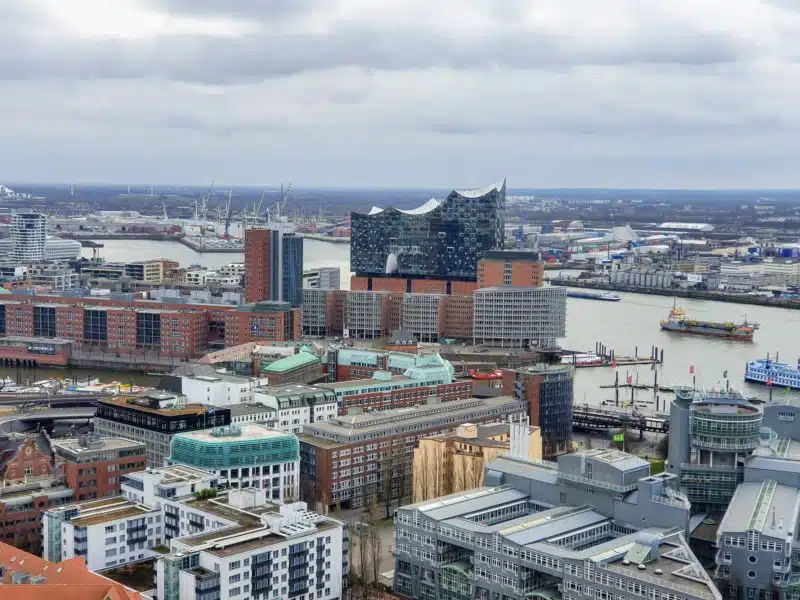 The view from atop the observation deck at St Michael's Church in Hamburg Germany