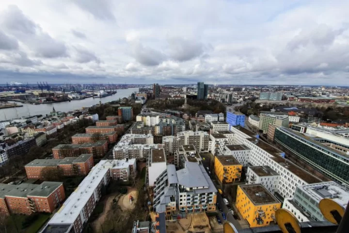 The view from the St Michael's Church observation deck in Hamburg, Germany