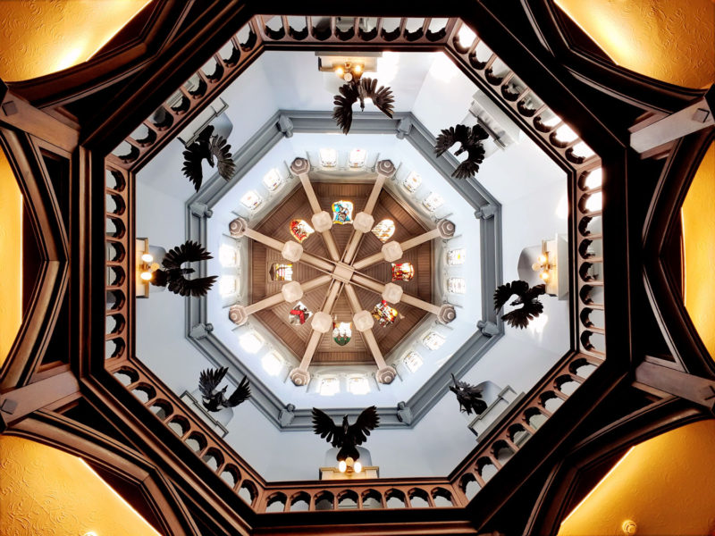 Glass heraldic symbols in the ceiling at Studley Castle