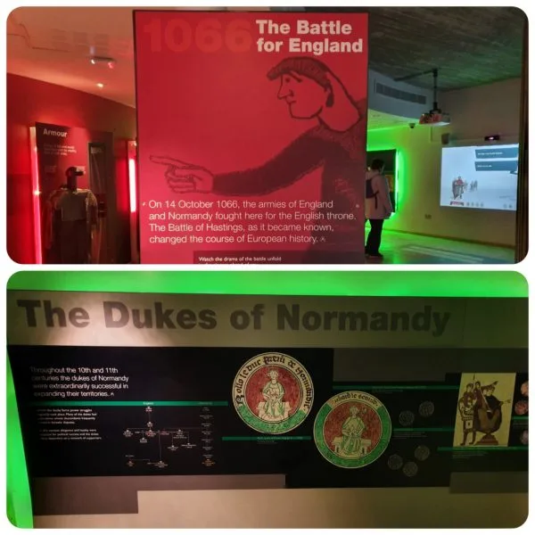 The photo is split into two parts; the top half displaying the English section and the bottom half showing the Dukes of Normandy family tree