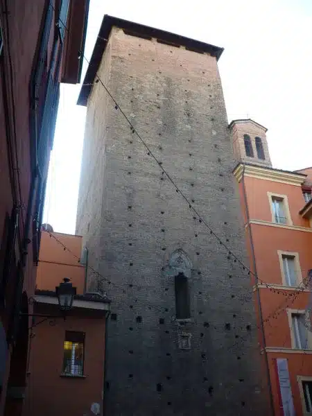 The exterior of the Torre Galluzzi tower in Bologna Italy