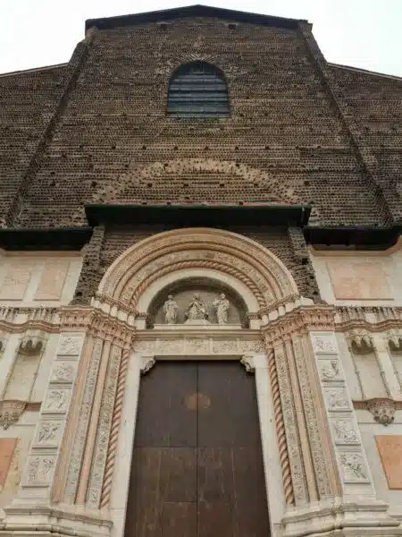 The close up exterior of the Basilica di San Petronio in Bologna Italy