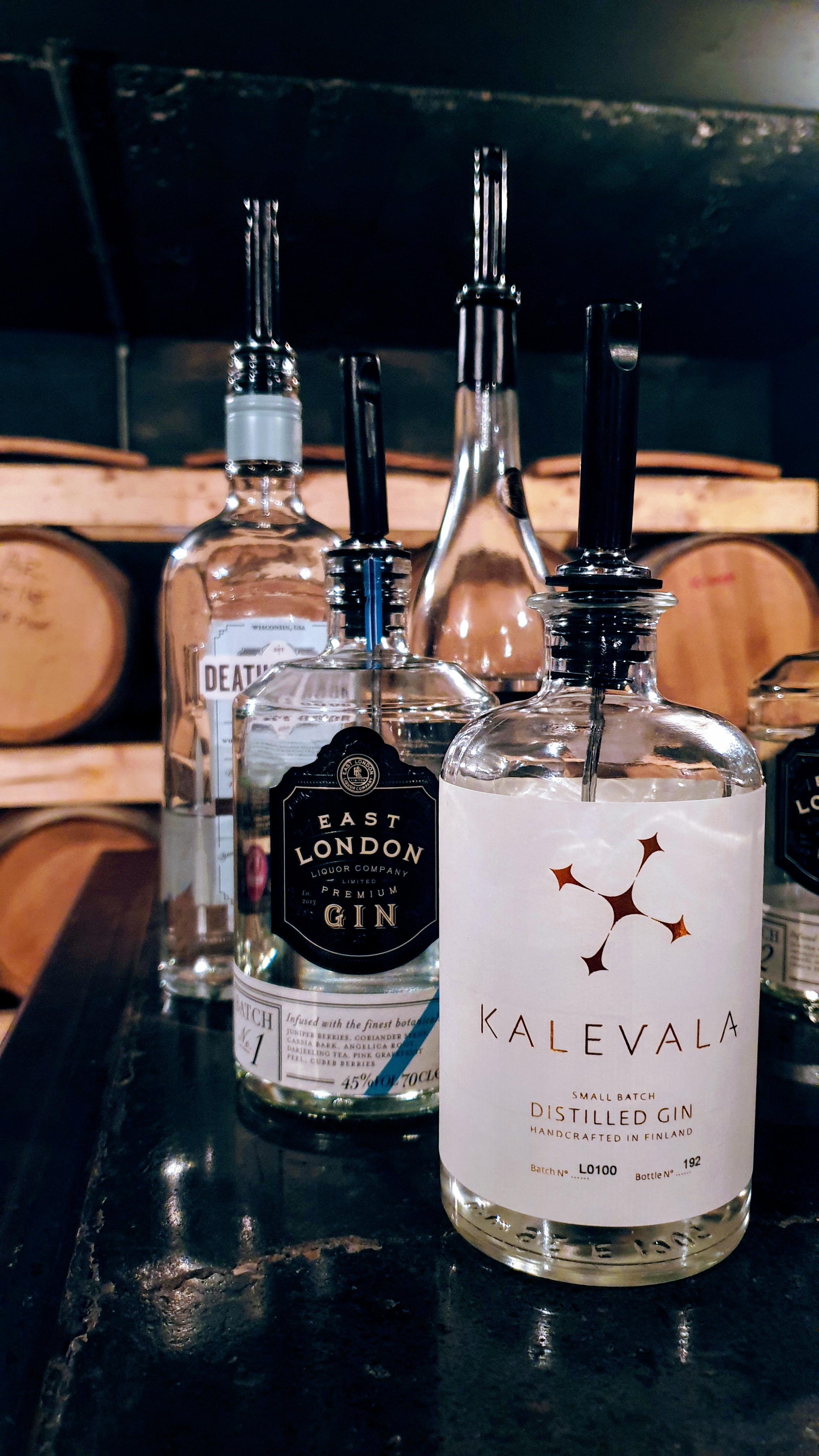 Bottles of gin on table at East London Liquor Company