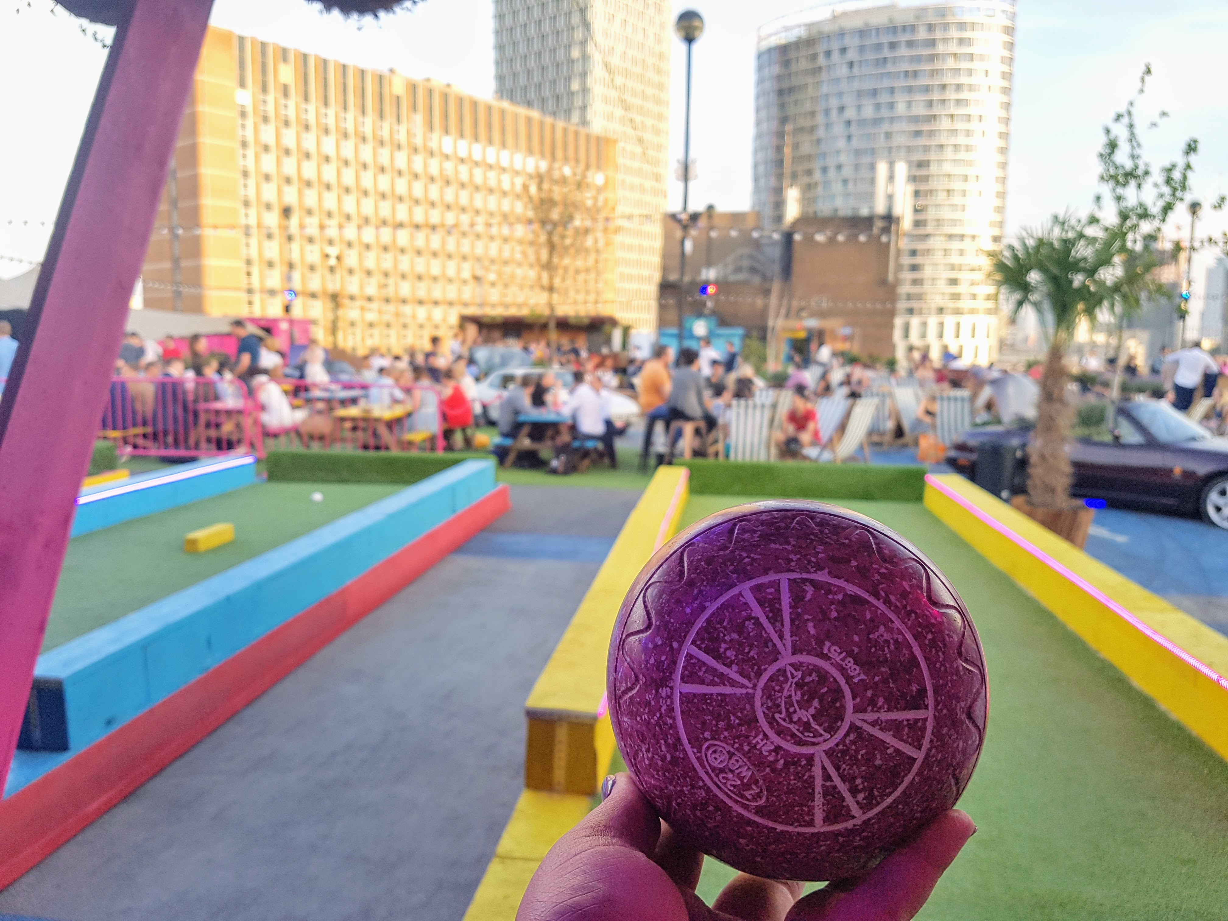 Purple bowling ball at roof east