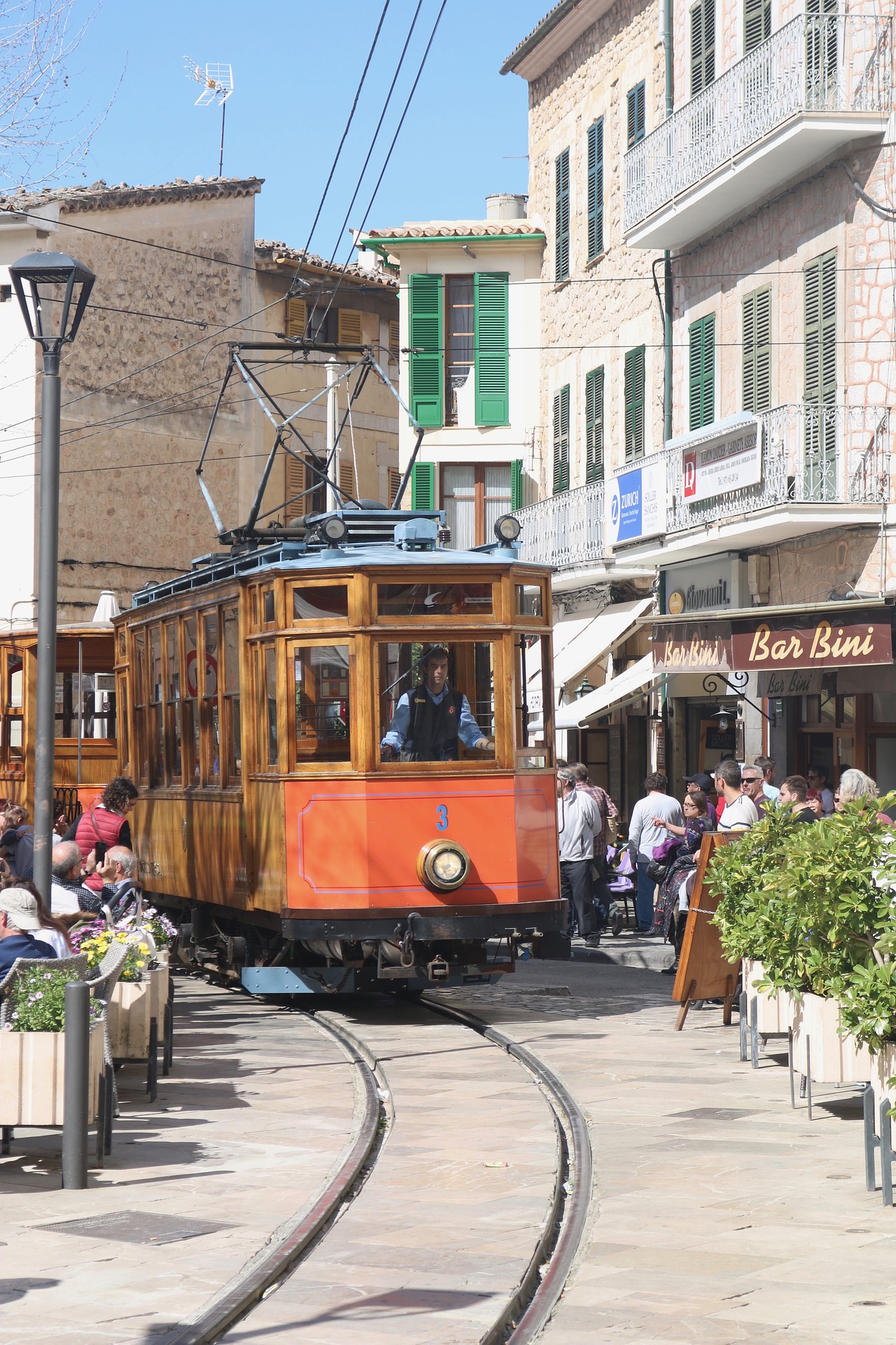 Tram runs through the main streets of Soller in Mallorca
