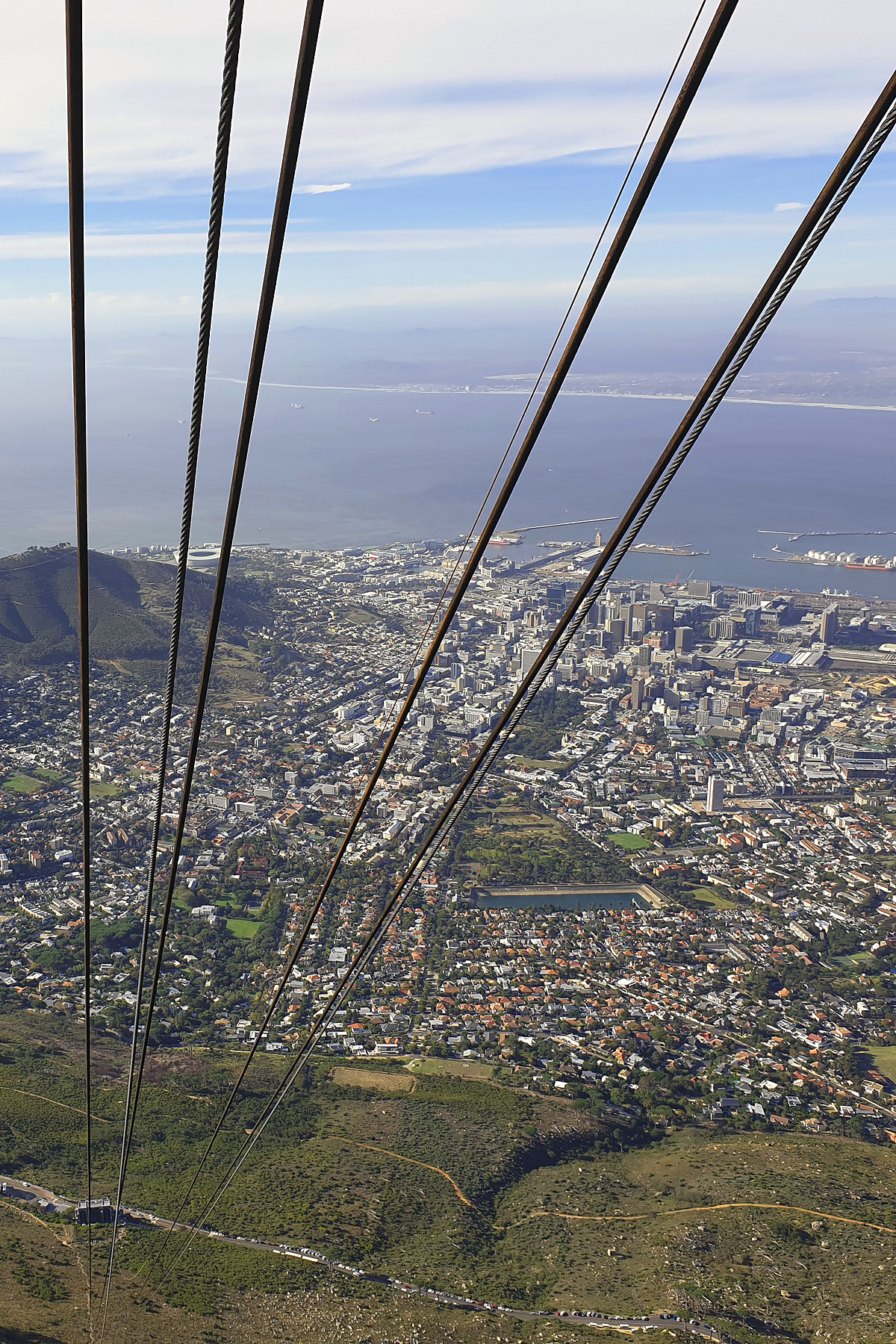 The descent of the cable car in Cape Town with the city in the background