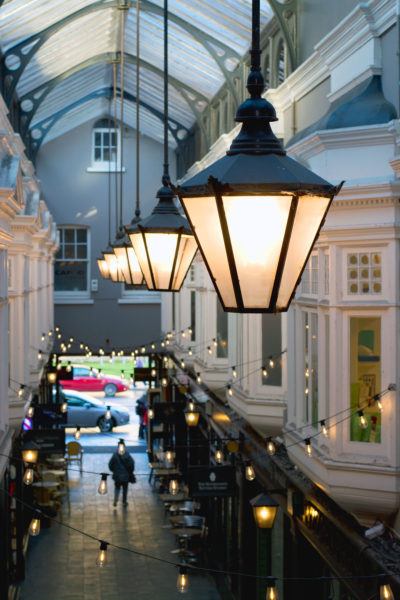 Lights in the Castle Arcade, Cardiff. Visiting the Castle Arcade, one of many things to do during a weekend break in Cardiff.