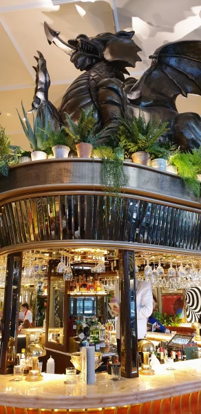 Photo of main bar with roof and sculpture on top