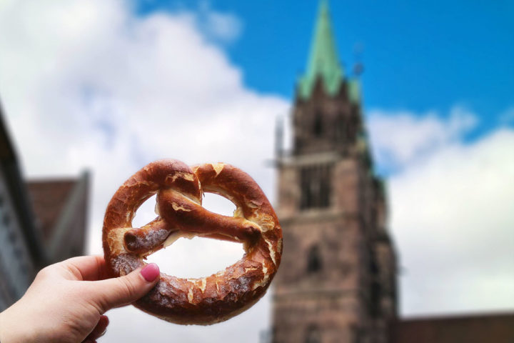 Pretzel from Brezen Kolb with church spire in the background