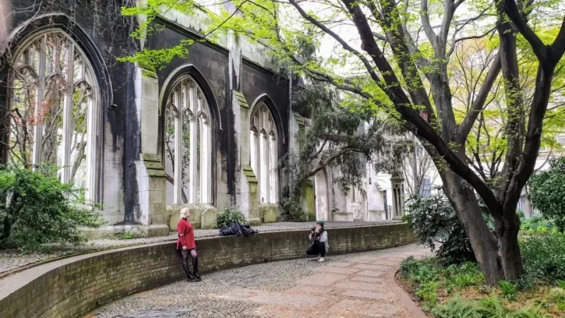 The interior of St Dunstan's in the East. Trees to the right and church ruins to the left. One of the most surprising and best picnic spots in London.