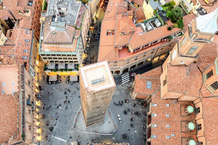 View from the top of the Asinelli tower overlooking Bologna