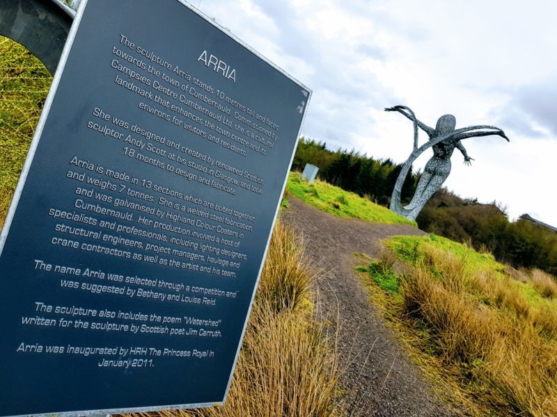 Arria signage with statue in background