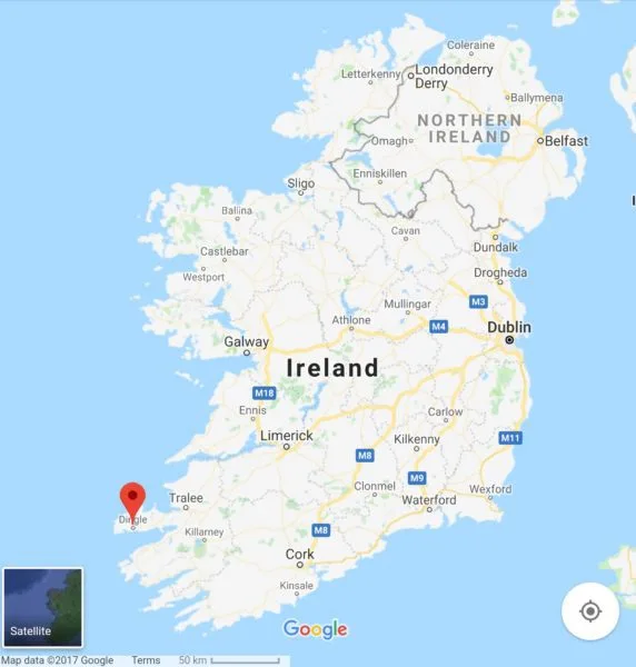 Google Maps view of Ireland showing the location of the Dingle Peninsula