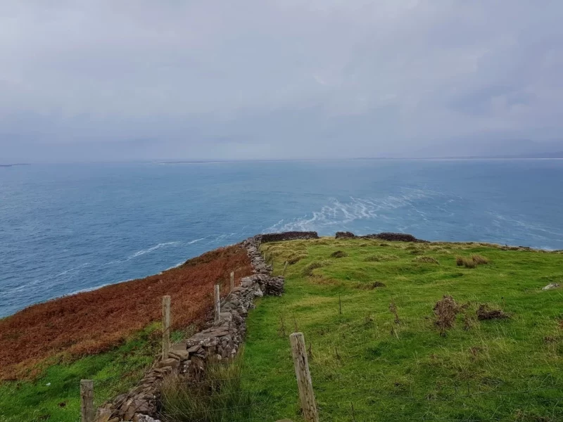 Grass covered cliffs in the foreground and blue sea in the background