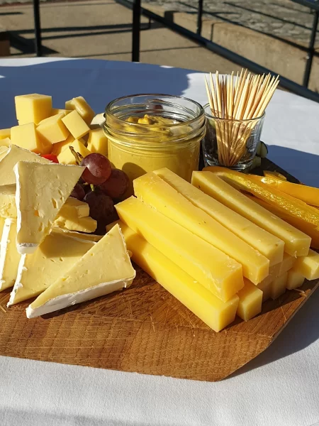 Close up on a selection of cheeses served on a white plate on an outdoors wooden table. The cheeses are a golden yellow due to the radiant sunshine.