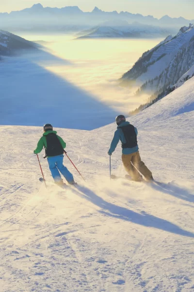 Image of two skiiers making their way down the slopes of a powdery white ski field. Just one of many things to do in Feldkirch Austria