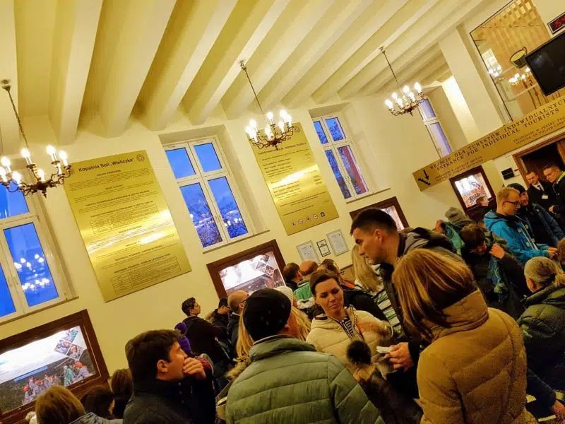 Crowded entrance hall at the Wieliczka Salt Mine in Poland