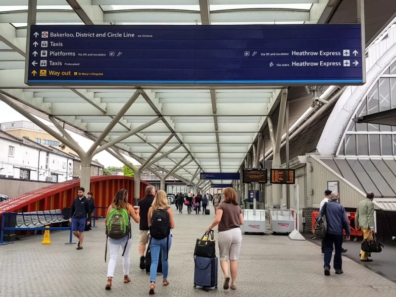 Passengers arriving at Paddington station entrance