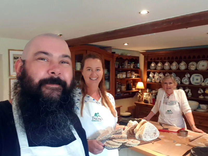 Roma and Russ selfie with Tracey at baking demonstration at Tracey's Farmhouse Kitchen