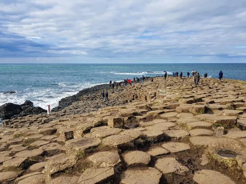 Giant's Causeway basalt stones falling into the ocean as it stretches out in front. The sky is blue. People are walking on the Giant's Causeway