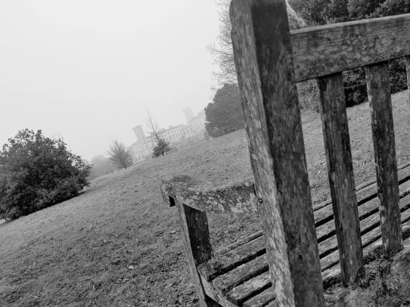 Black and white photo of Osborne House from distance