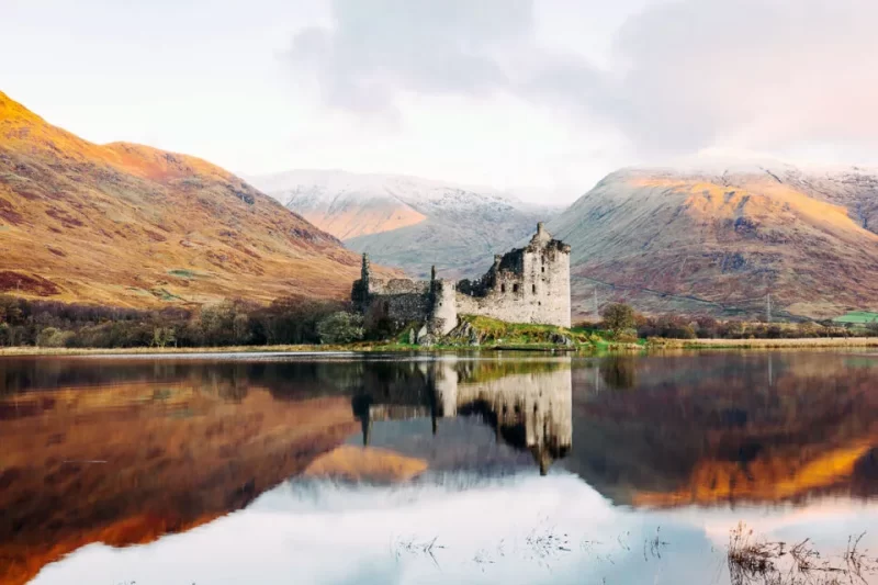 Kilchurn Castle on the loch, with reflections